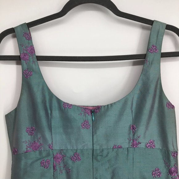 Nanette Lepore Rare Vintage Green Shimmer w/ Pink Floral Embroidery Silk Dress - Picture 8 of 14